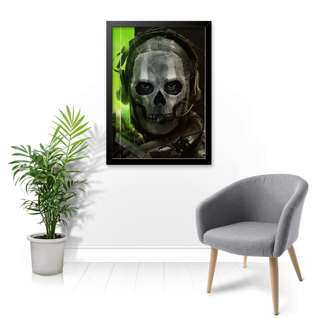 Quadro Ghost Call of Duty – Decoração Gamer com Moldura de Madeira
