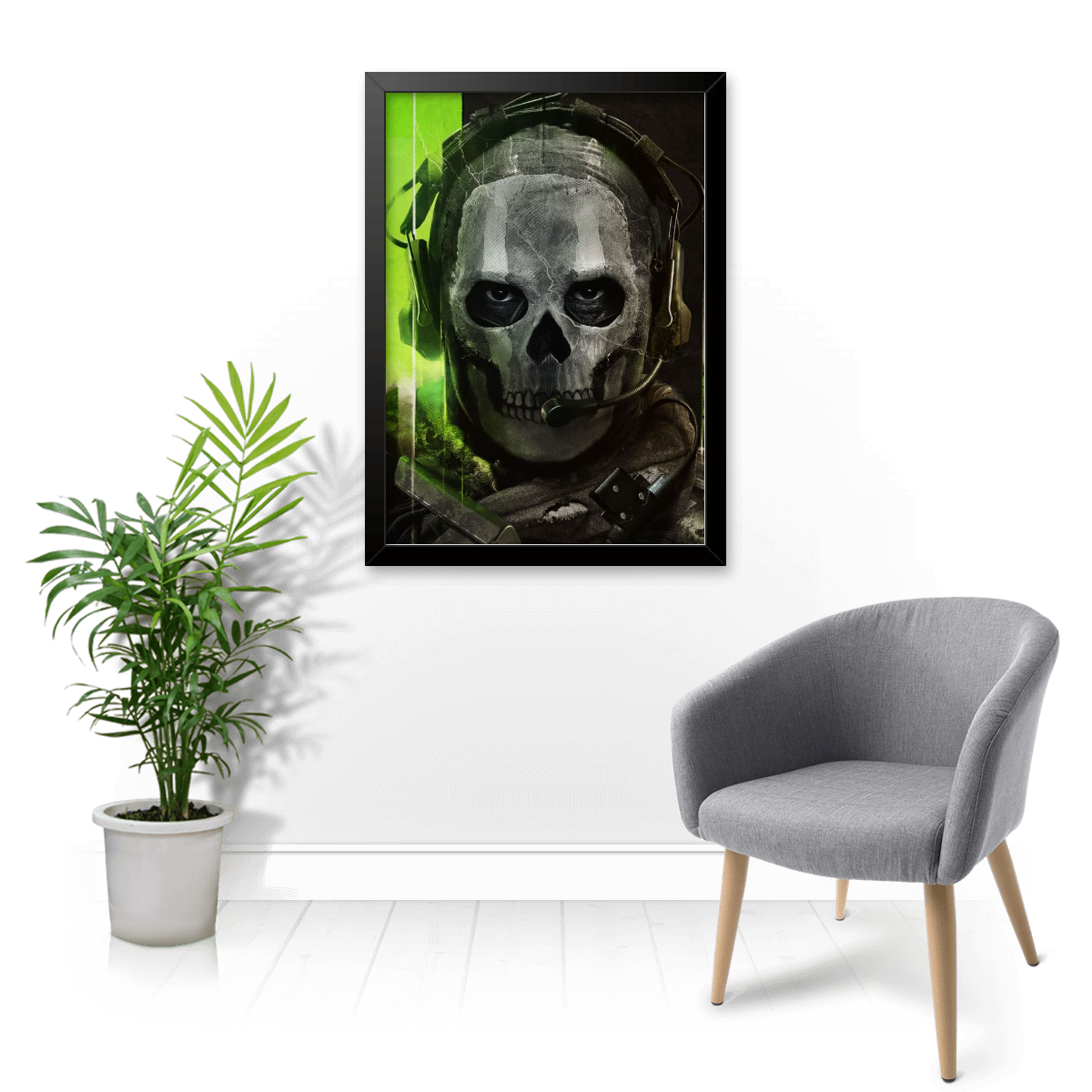 Quadro Ghost Call of Duty – Decoração Gamer com Moldura de Madeira